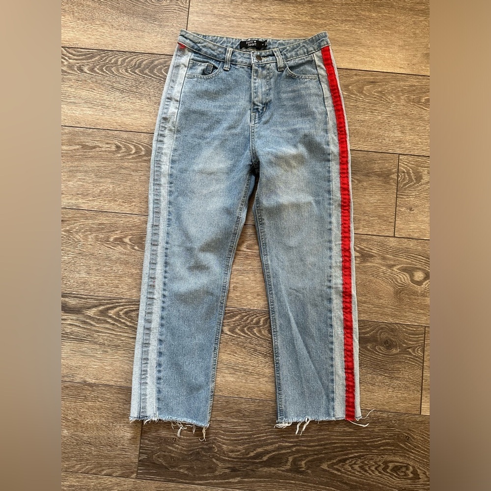 Paper Heart medium wash red ribbon cropped side striped jeans, frayed hem Size S